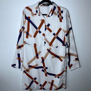 Lulu's Womens Small Dabney White Geometric Print Long Sleeve Shirt Shift Dress